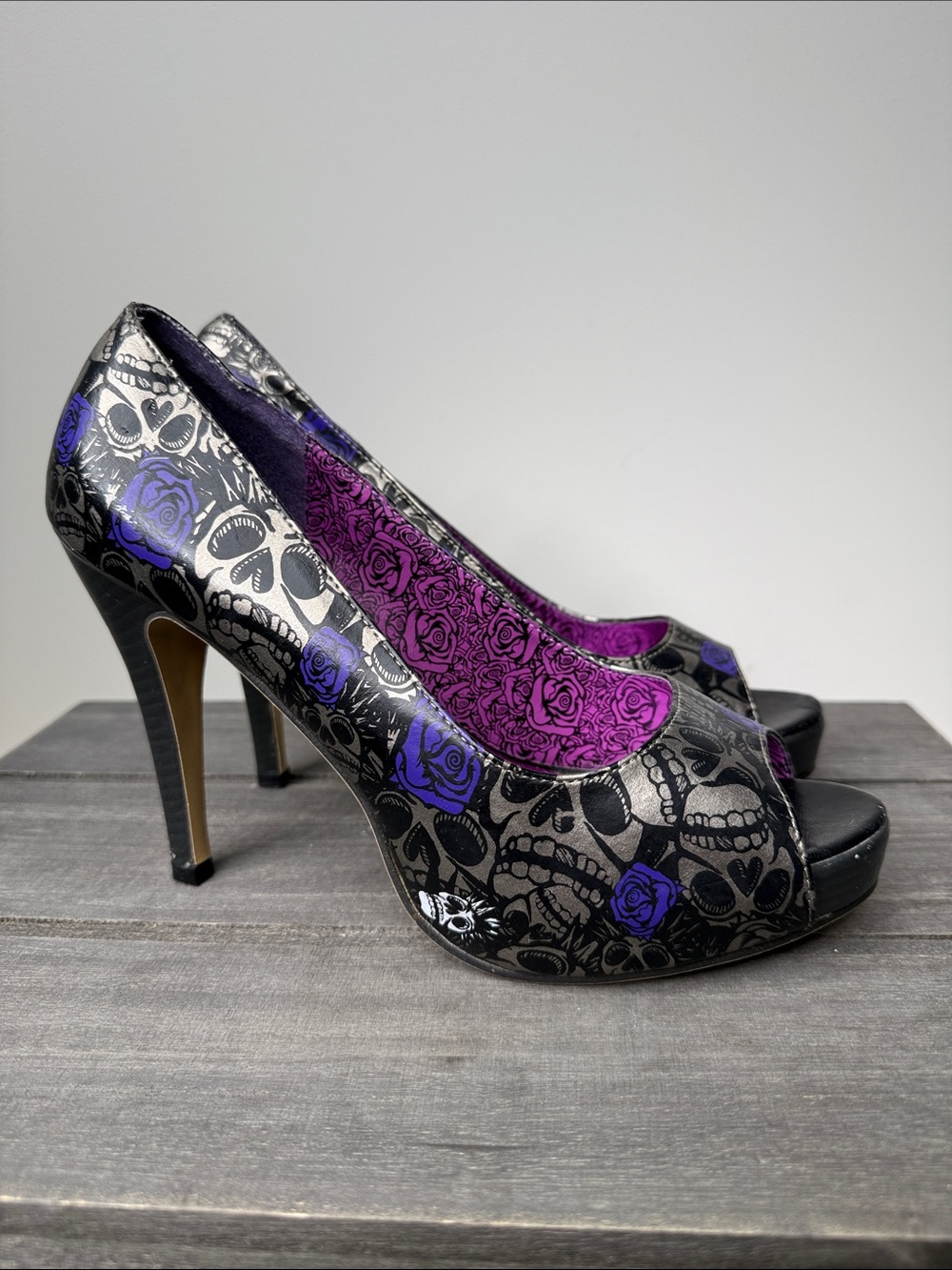 Iron Fist Black and Purple Rose Skull Peep-Toe Platform Heels